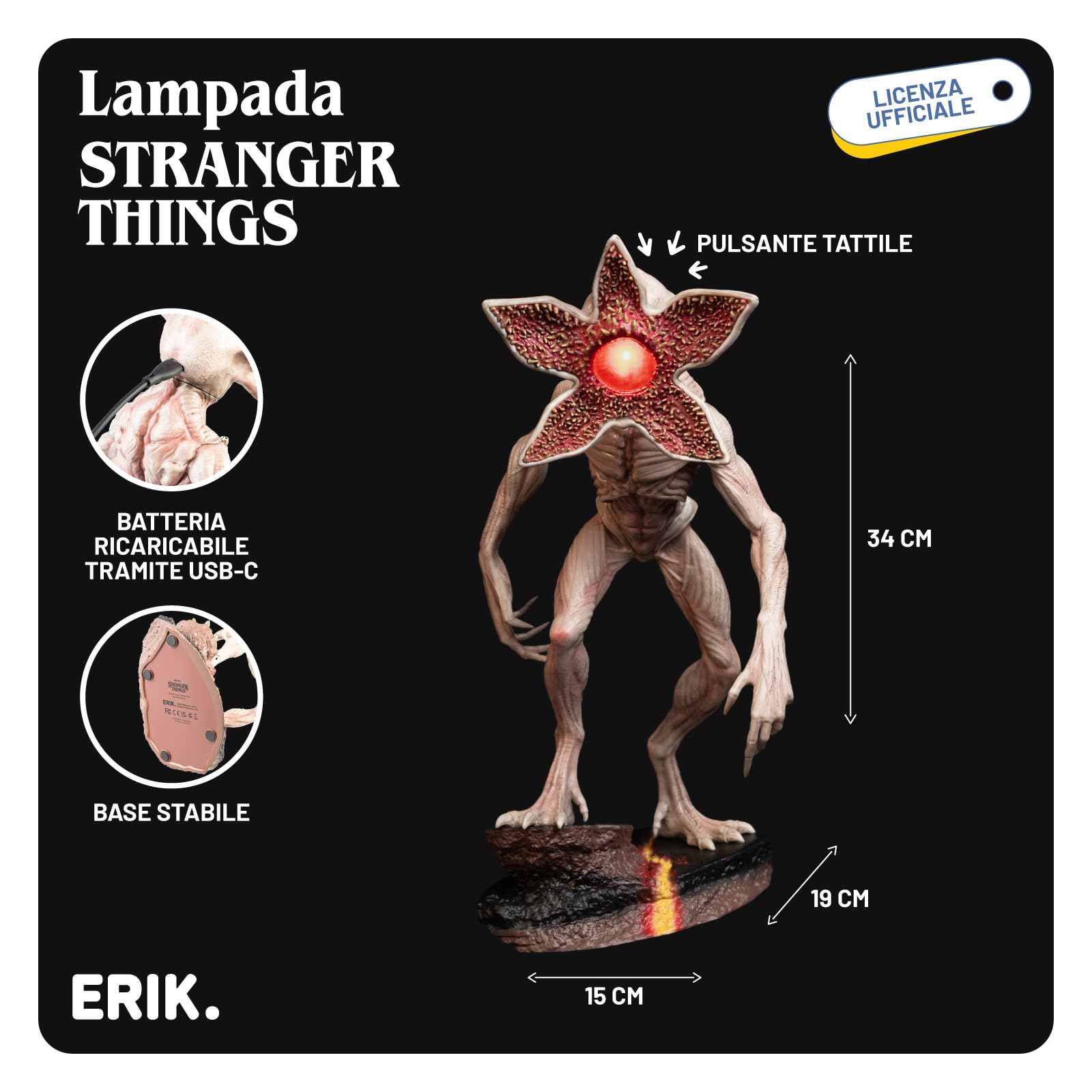 Lampada Stranger Things Demogorgone - Lampada da Scrivania Gaming e Comodino con Luce LED Rossa, Luce Notturna Stranger Things Ufficiale | Batteria Ricaricabile con Cavo USB-C (15 x 34 x 19 cm)