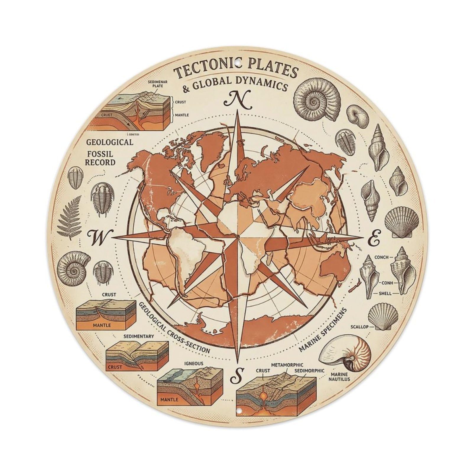 Vintage Nautical Compass World Map Continental Drift Metal Tin Sign