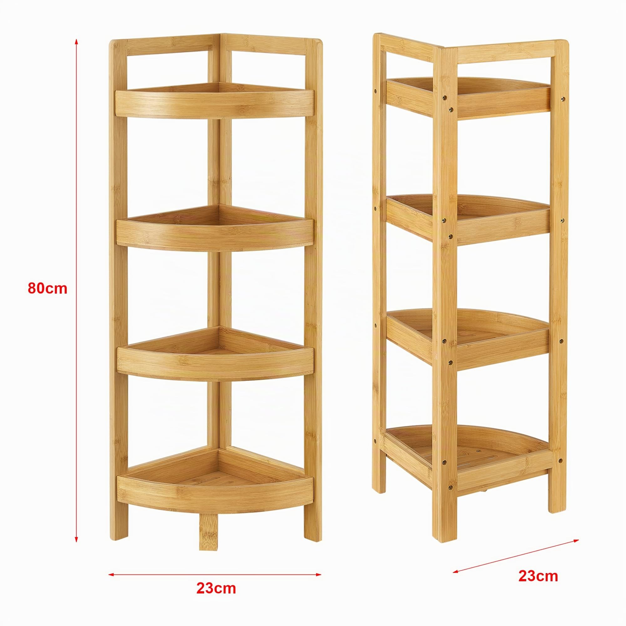 [en.casa] Scaffale Angolare in Bambù 80x23x23 cm Mobiletto Basso 4 Ripiani con Bordi Laterali Rialzati, Portaoggetti da Bagno Cucina e Angoli della Casa