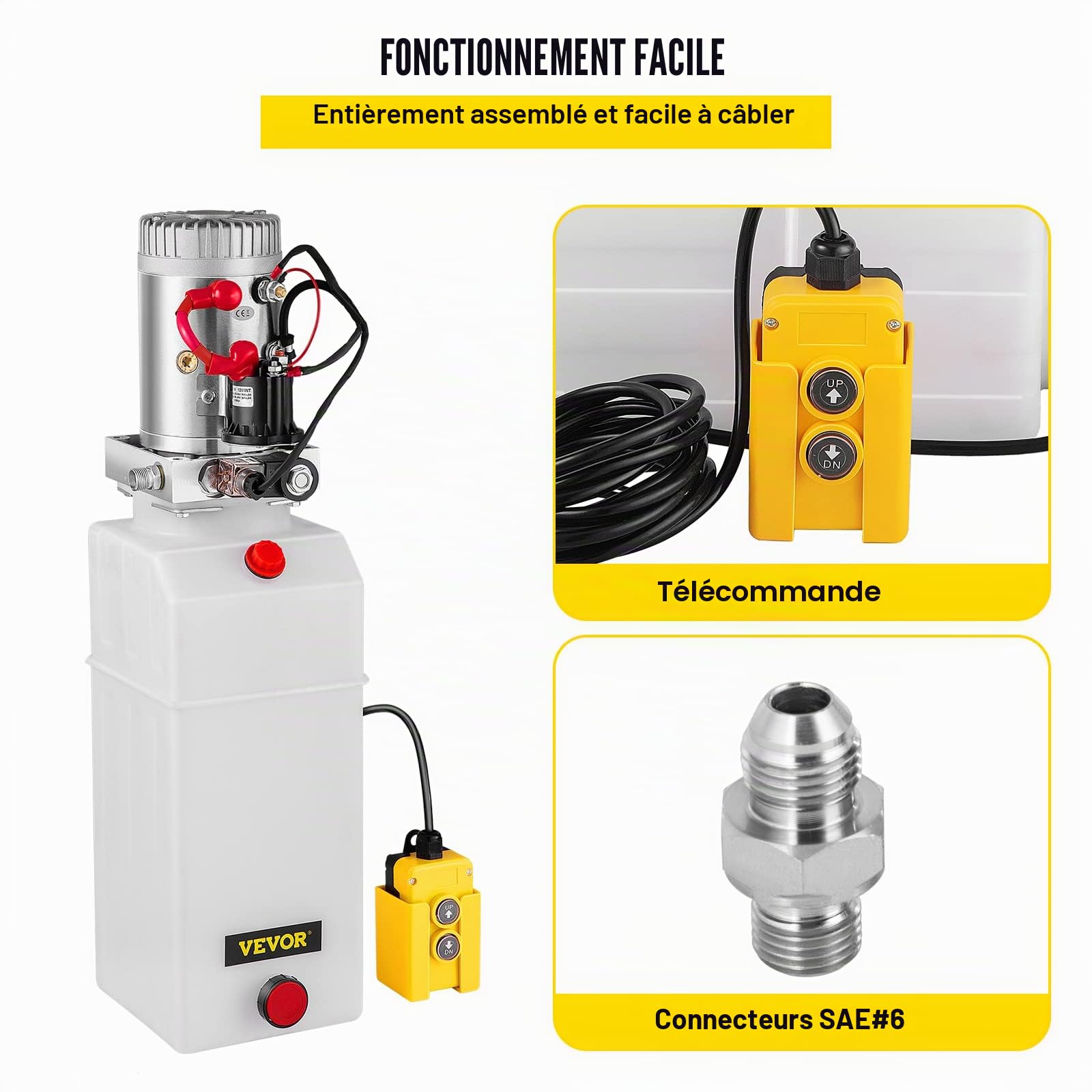 VEVOR Pompe Hydraulique 12 V 8 L, Pompe Hydraulique Remorque Simple Effet Réservoir Plastique, Démarrage Rapide Débit d'Huile Rapide Aucune Fuite, Remorque Élévateur à Ciseaux