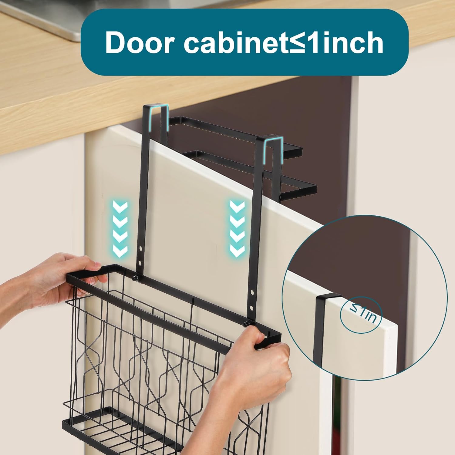 Bekith 2 Pack Cabinet Door Organizer with Double Towel Bar, Over The Cabinet Door Organizer and Storage for Cutting Board, Baking Sheet, Plastic Wrap, Black - Image 6