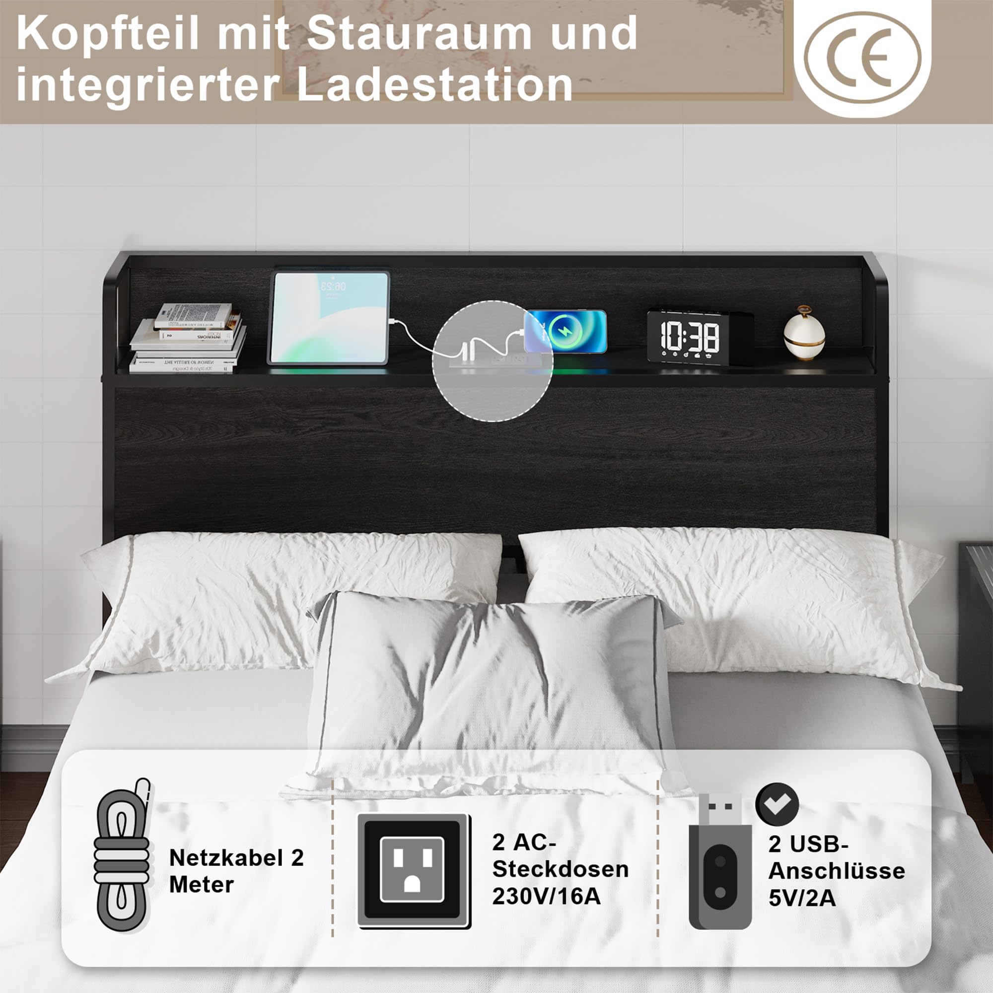 LUXOAK 160 x 200 cm Lift Up Stauraumbettgestell, Holzplattformbettgestell mit Hebefunktion, Stauraum und Ladestation, Keine Federung erforderlich, Geräuschlos, Schwarz, Ohne Matratze