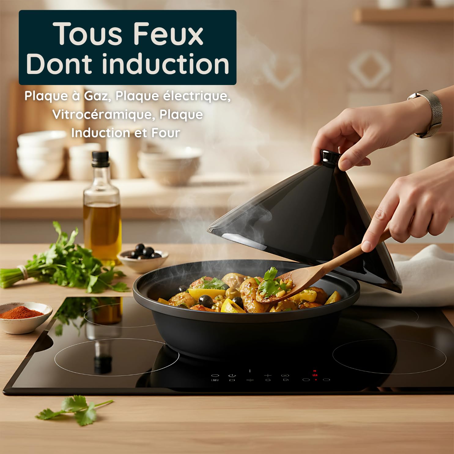 Tajine Induction Tous Feux Diamètre 30 cm - Plat à Tagine Marocain avec Revêtement Antiadhésif, Couvercle Céramique et Structure Fonte d’Aluminium – Marmite, Casserole Cuisine Orientale