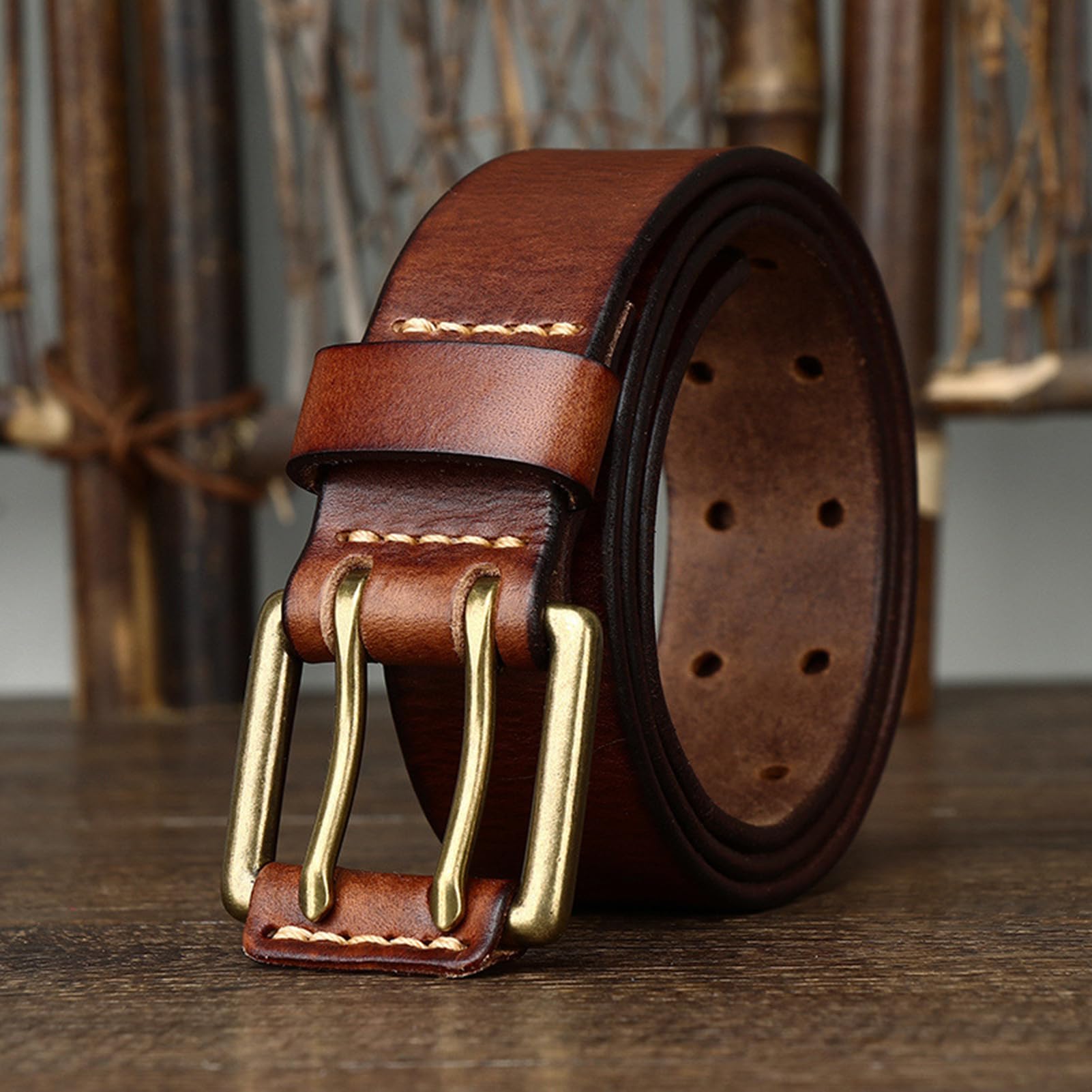 Générique Fait Main Ceinture en Jean Largeur 3,8cm, épaisseur 4mm Sangle en Cuir De Vachette Boucle Ardillon à Double à Rouleau Dorée en Cuir(105cm/41, Brown)