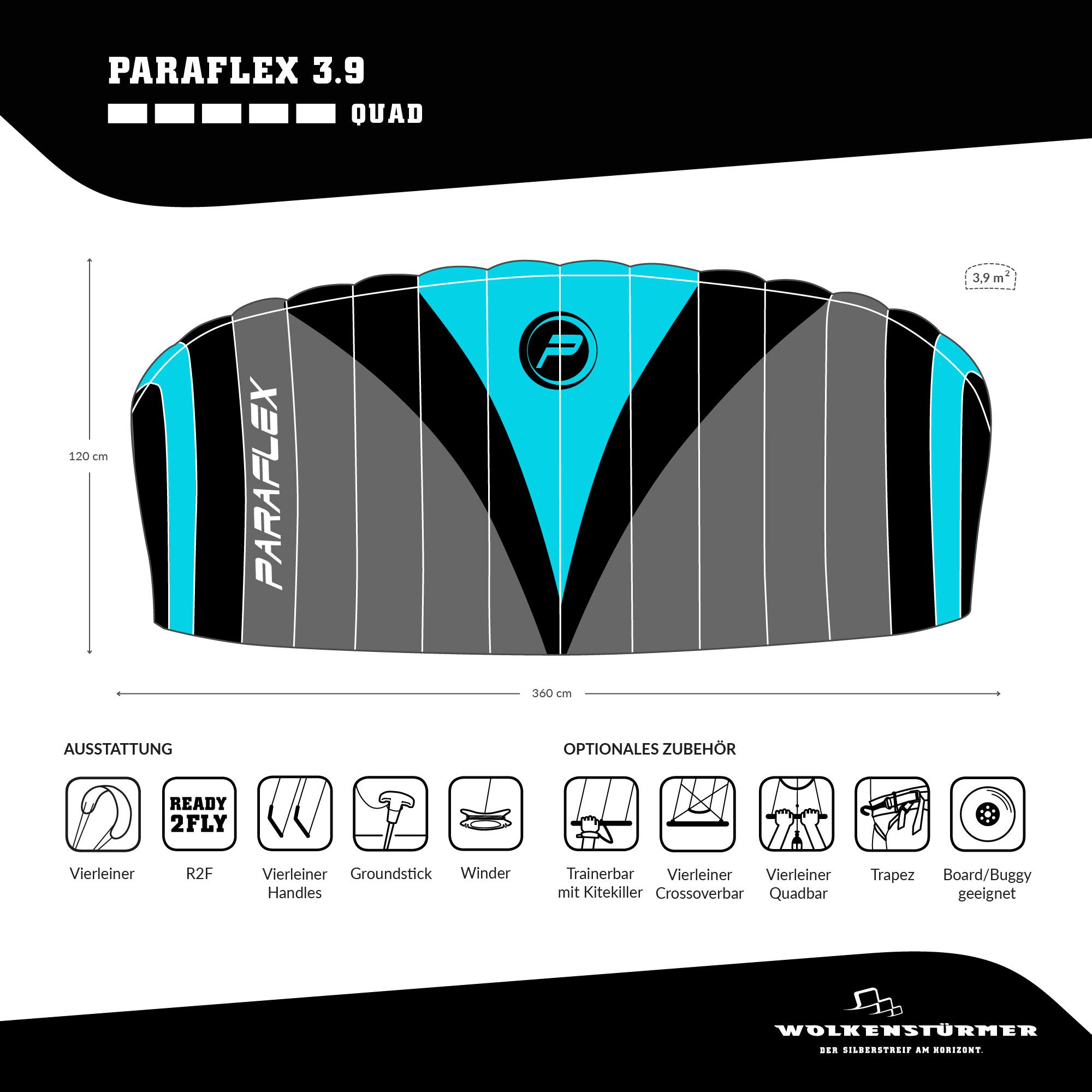 Wolkenstürmer® Paraflex Quad 3.9 (blau) - Vierleiner Lenkmatte für Mountainboard und Buggy, flugfertiger Kite mit 4x18m Dyneemaleinen & Quad-Handles