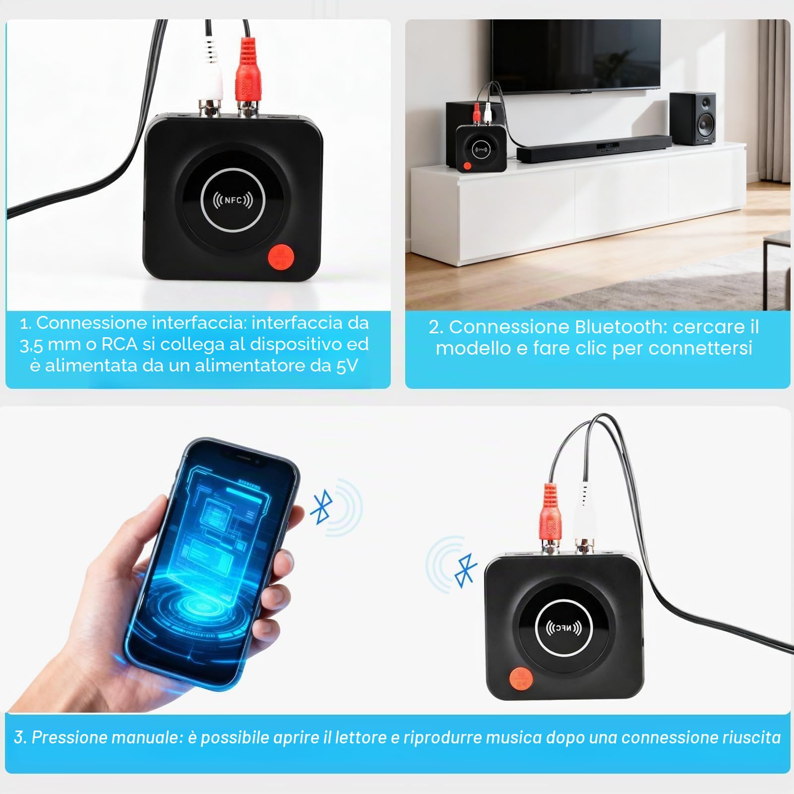 Ricevitore Bluetooth 5.3 HiFi, Adattatore Bluetooth AUX per Stereo Casa, Altoparlante, Amplificatore HiFi, con RCA/AUX Jack 3,5mm per Stereo Casa, Altoparlante, Amplificatore