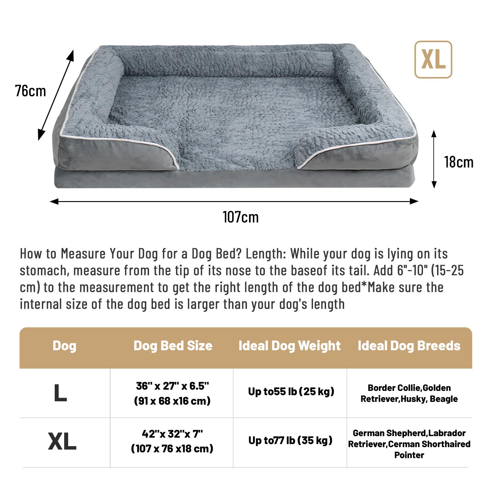 Letto Ortopedico Cane, memory foam, 108x76 cm, lavabile | Divano cane con bordo rialzato, fodera impermeabile & fondo antiscivolo – cuscino morbido in peluche per cani grandi