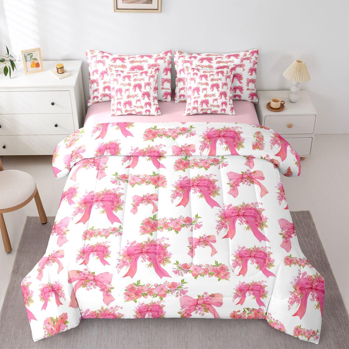 Erosebridal Pink Floral Bowknot Comforter Set Full 7 Piece Girly Bows Ribbons Bed in A Bag Valentine Flowers Bedding Sets for Kids Girls Bow Tie Princess Sheet Set with Comforter