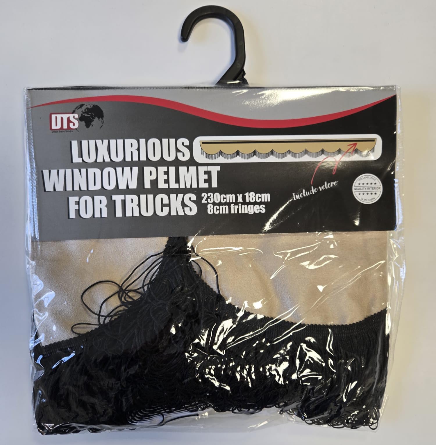 DTS Luxuriöser LKW Scheibenbordüre, Beige Samt (230cm x 18cm) mit schwarzen Fransen (8cm), Klettverschluss, Gardine für Truck Innenausstattung.