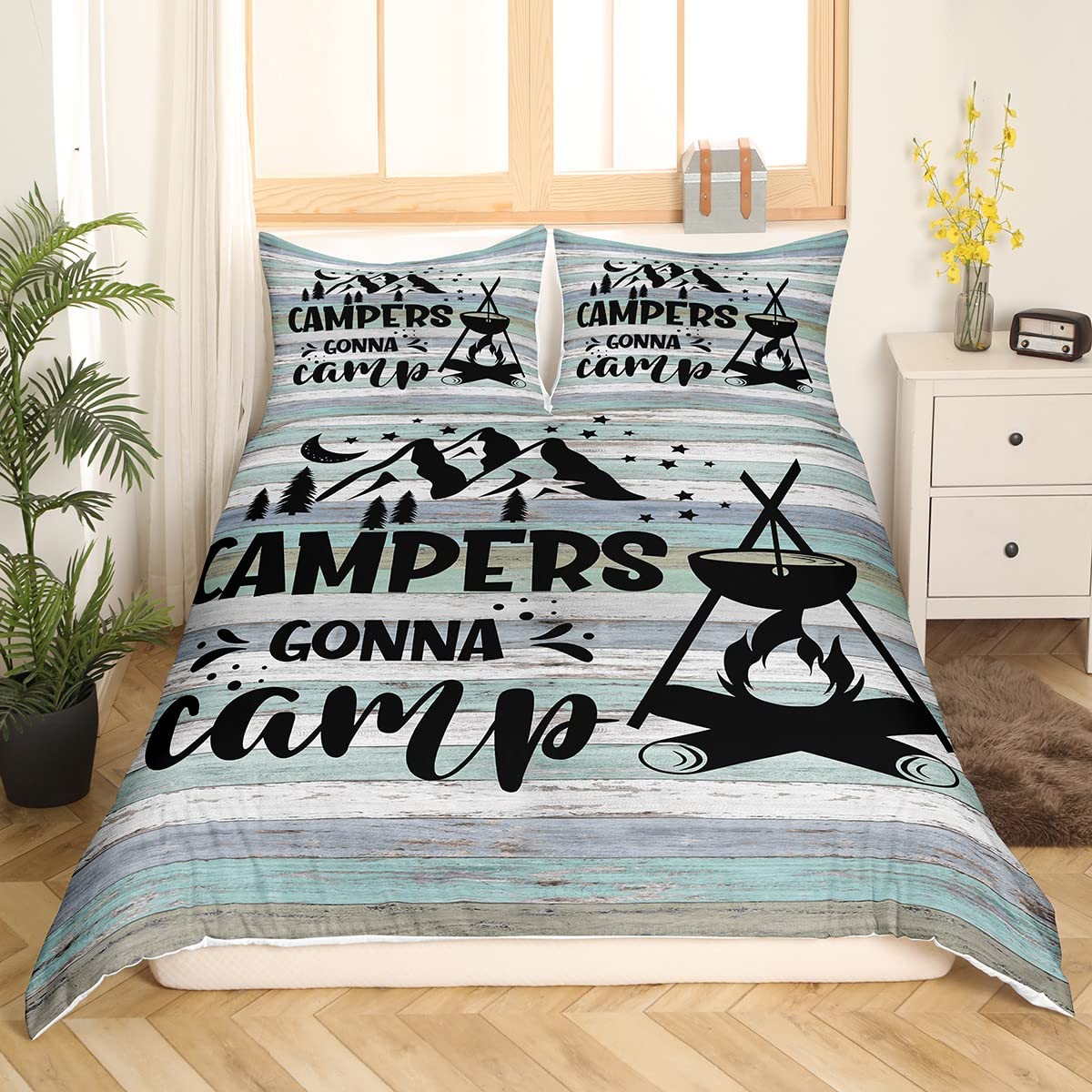 Teens Happy Camping Bettbezug Camper Bettbezug für Kinder Jungen Mädchen Schlafzimmer Dekor Skizze Zeichnung Bettwäsche Set rustikales Bauernhaus altes Scheunentor Bett Set 2 teilig, 135 x 200