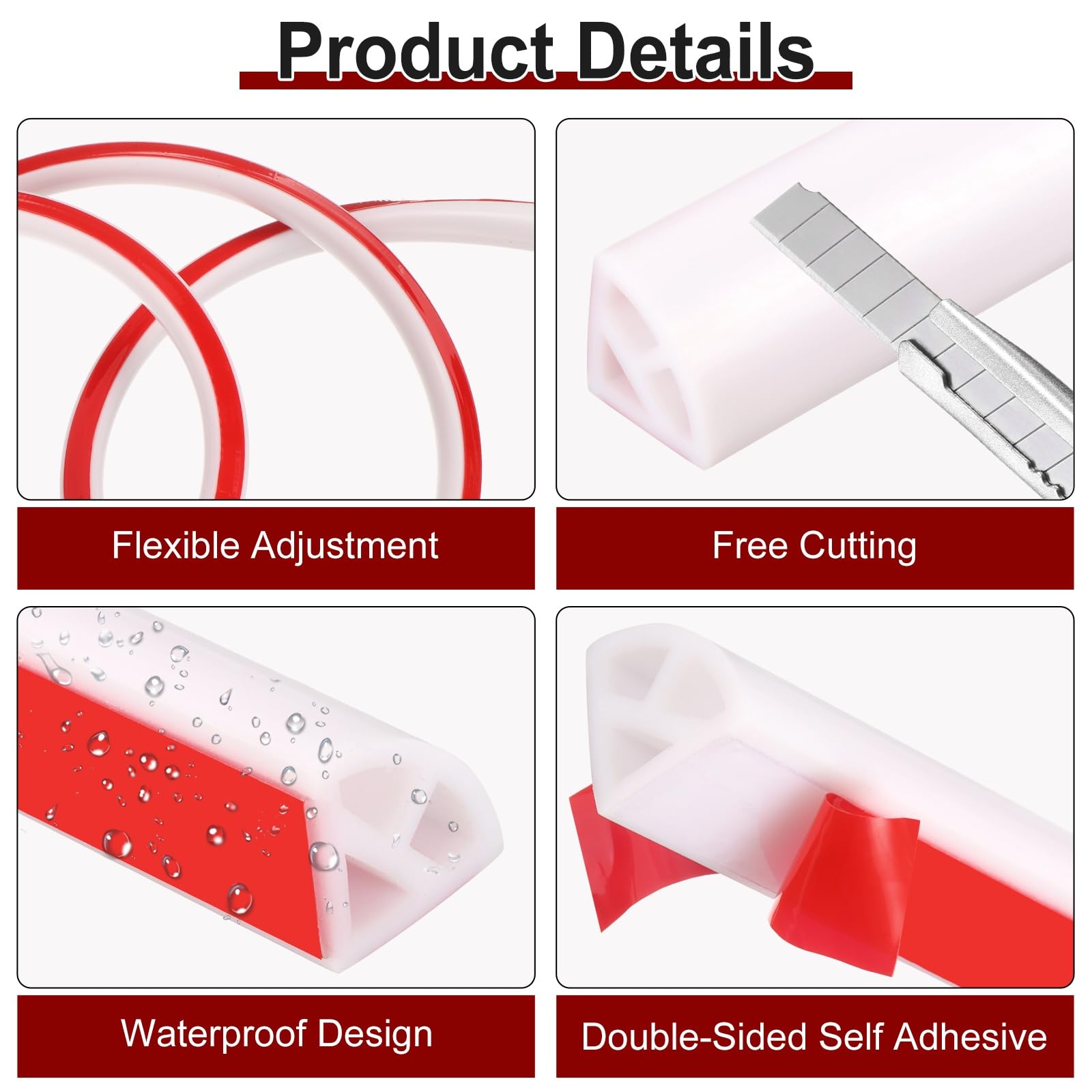 sourcing map 118 Inch Flexible Quarter Round Molding, Flexible Molding Trim, Double-Sided Silicone Peel and Stick Trim Self-Adhesive Shower Water Barrier for Floor, Corner, Tub, White - Image 3