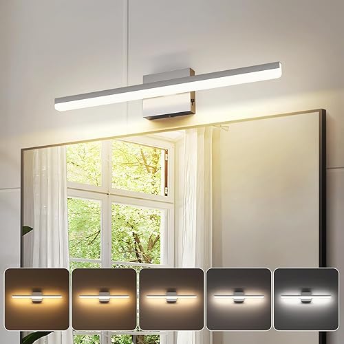 Lámparas LED modernas de baño de 18 W, barra de luces de tocador de níquel cepillado, 5CCT regulable sobre espejo para iluminación de baño, 24