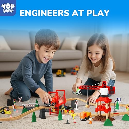 Miniatura 2 de TOY Life Juego de tren de 81 piezas con grúa y locomotora, juguete de tren de madera para niños y niñas de 3, 4, 5, juguetes de madera, regalo para