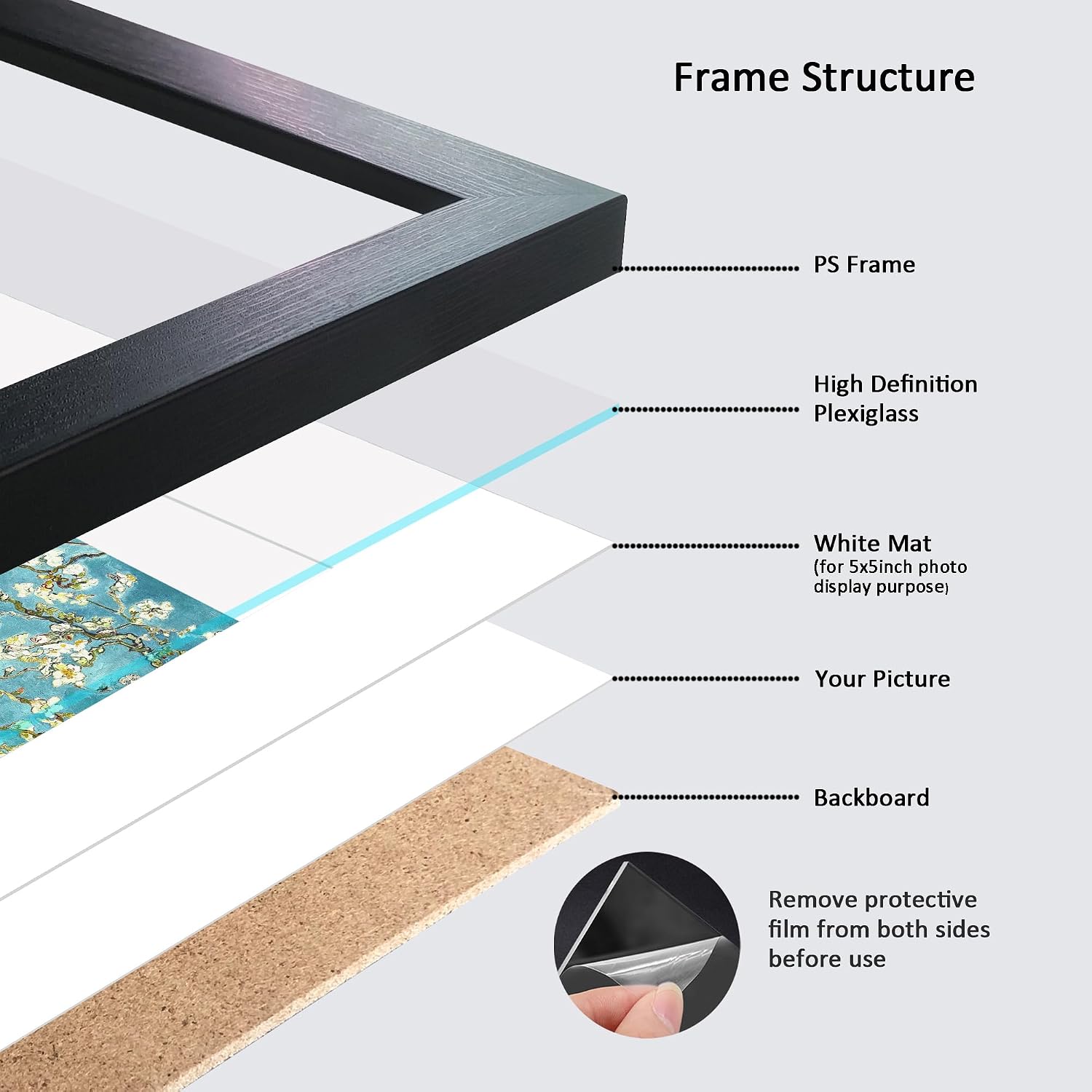 8x8 Picture Frame Set of 6 with HD plexiglass cover for Pictures 5x5 with Mat or 8x8 Without Mat, Wall Gallery Photo Frames in Black