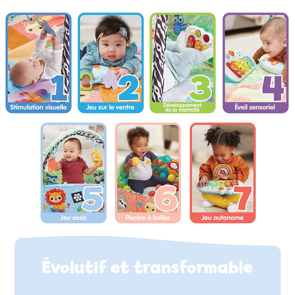 VTech - Maxi Tapis d'Éveil Sensoriel 7 en 1, Tapis d'Éveil Évolutif, Piscine à Balles, Jouet d'Activité et de Développement, Xylophone Lumineux, Hochets, Cadeau de Naissance - Contenu en Français