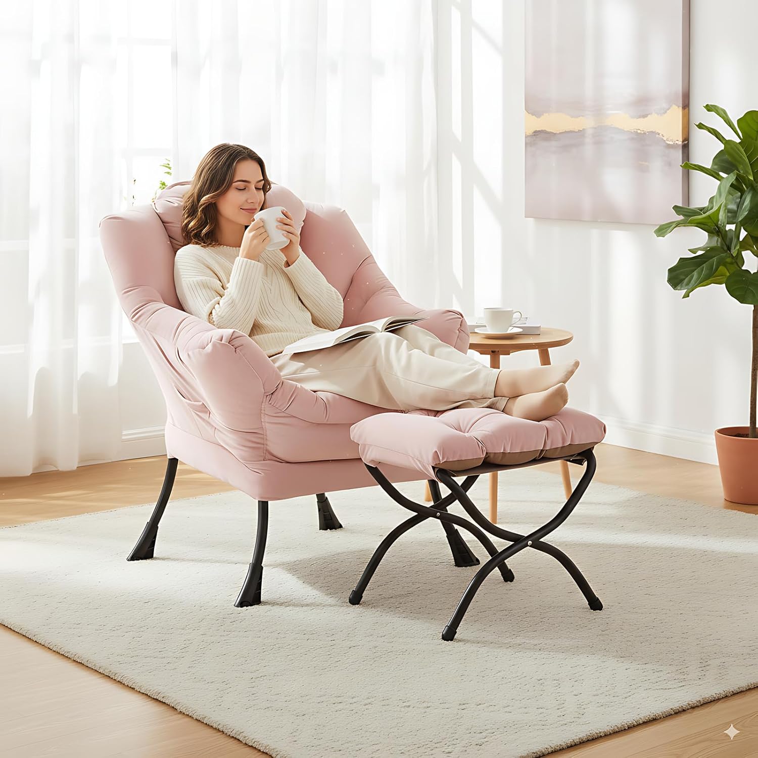 LITA Lazy Chair with Ottoman, Modern Accent Leisure Upholstered Sofa Chair, Contemporary Lounge Reading Chairs with Armrests and a Side Pocket for Living Room, Bedroom & Small Space, Pink - Image 2