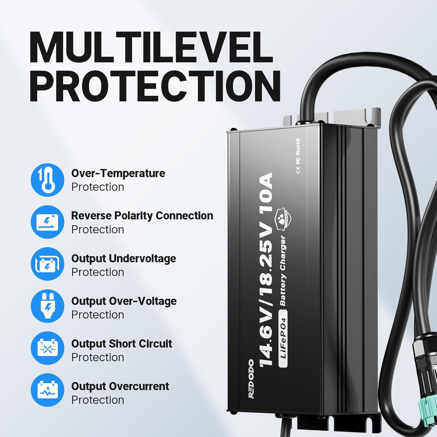 Redodo 14.6V/18.25V 10A Lithuim Battery Charger for Lithium Iron Phosphate Battery,Support Fast Charging,with IP65 Waterproof Design,LED Indicators,Designed for Deep Cycle LiFePO4 Battery Charging