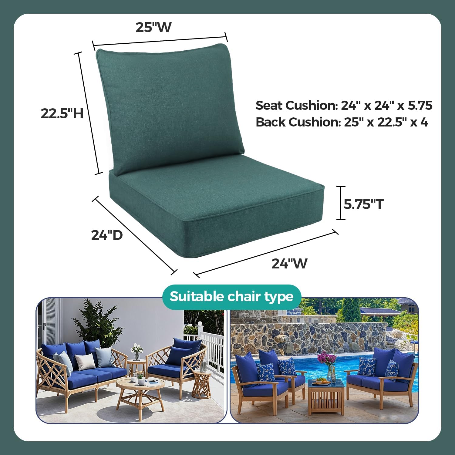 Outdoor Seat Cushion Set, 24 x 24, Rain-Proof & Fade Resistant, Patio Furniture Cushions with Deep Seat Bottom and Back, Removable Cushions for Chair, (Green)