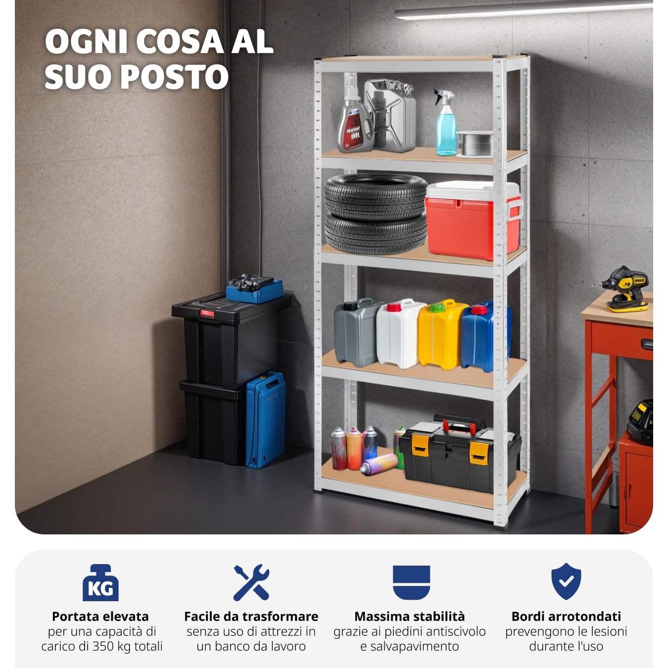tectake® Scaffalatura Metallo Garage, Scaffale Attrezzi da Lavoro, Scaffalatura Libreria in Lamiera d'Acciaio, Scaffali Modulabili, 70 kg di Carico per Piano - Capacità Portante 350 kg