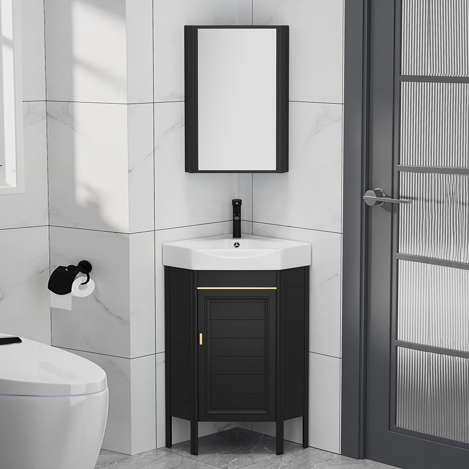 DFGHNBVC Space-Saving Corner Bathroom Vanity With Sink Medicine Cabinet, Floor Standing Design For Compact Areas,Black-38Cm/15In