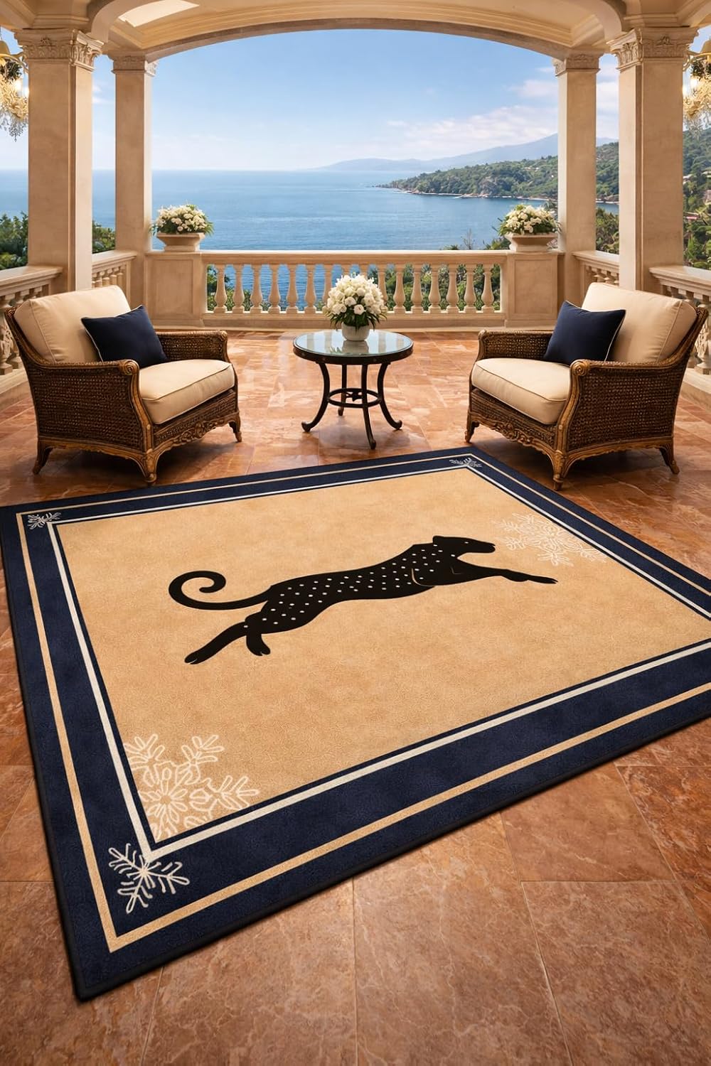 Area Rug with Black Leopard Silhouette Design, Beige with Navy Blue Border, Floral Corner Accents, Decorative Floor Mat (8/10 feet)