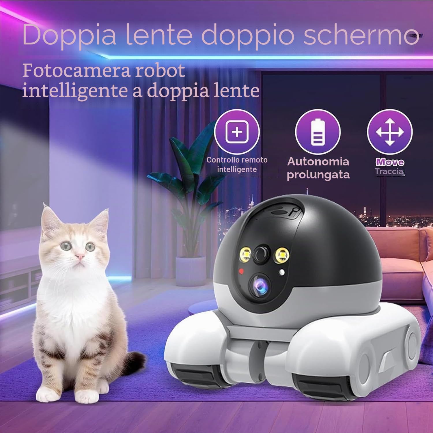 Robot con Telecamera per Animali Domestici, Telecamera di Sicurezza Robot Wi-Fi con Ruote 1080P Doppio Obiettivo Controllo Remoto per Casa Lavoro Animali Domestici, Scheda da 64G Inclusa