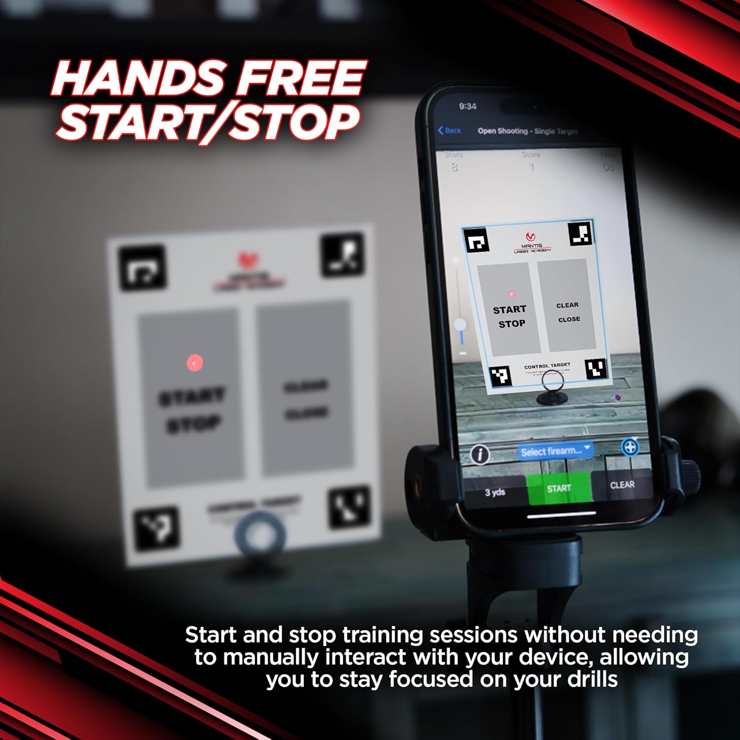 Mantis Laser Academy app interface showing the hands-free start/stop feature.