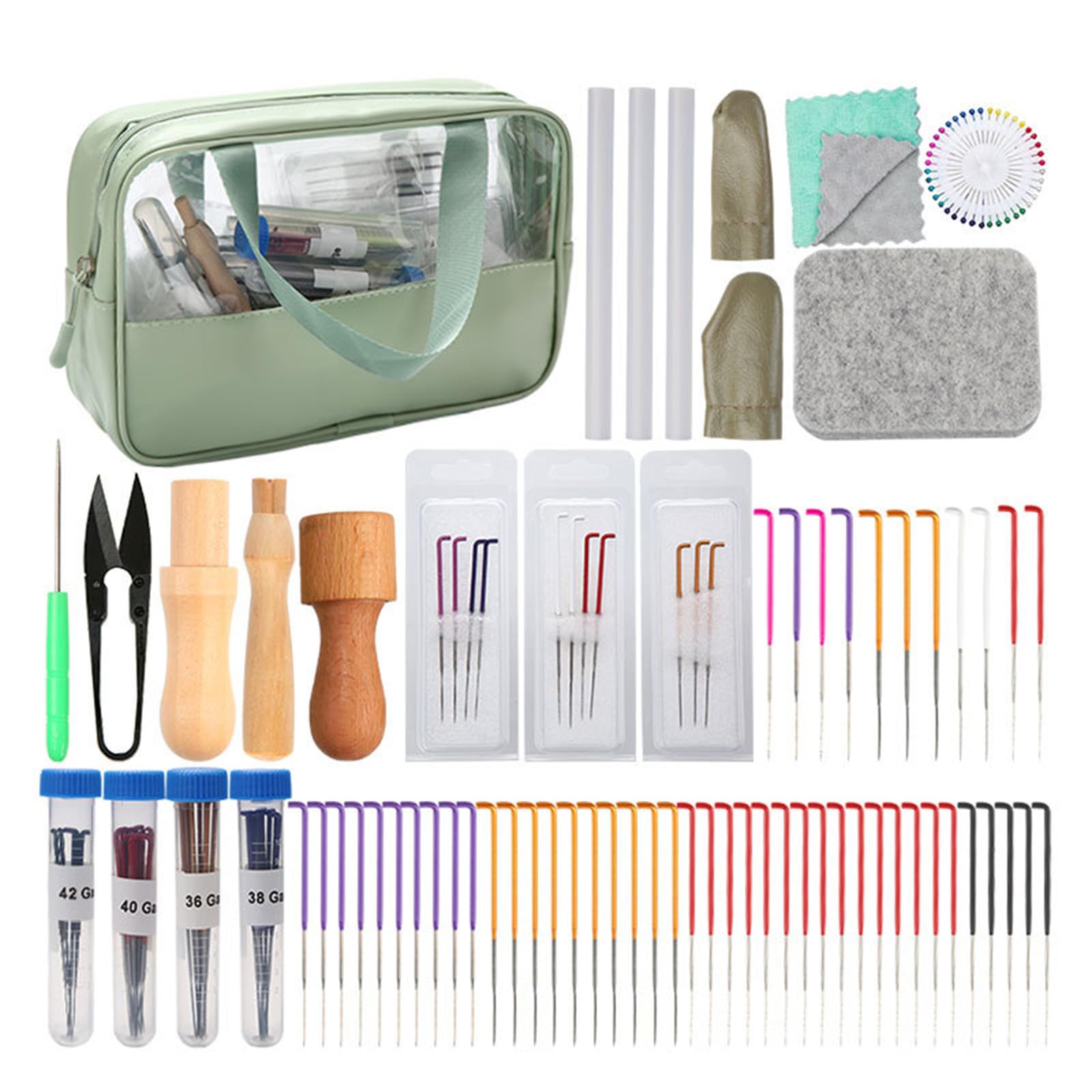 JDNH Suministros de fieltro de aguja para manualidades con almohadilla de aguja, cunas de dedos, mango de madera, herramienta de lana para principiantes, juego de fieltro