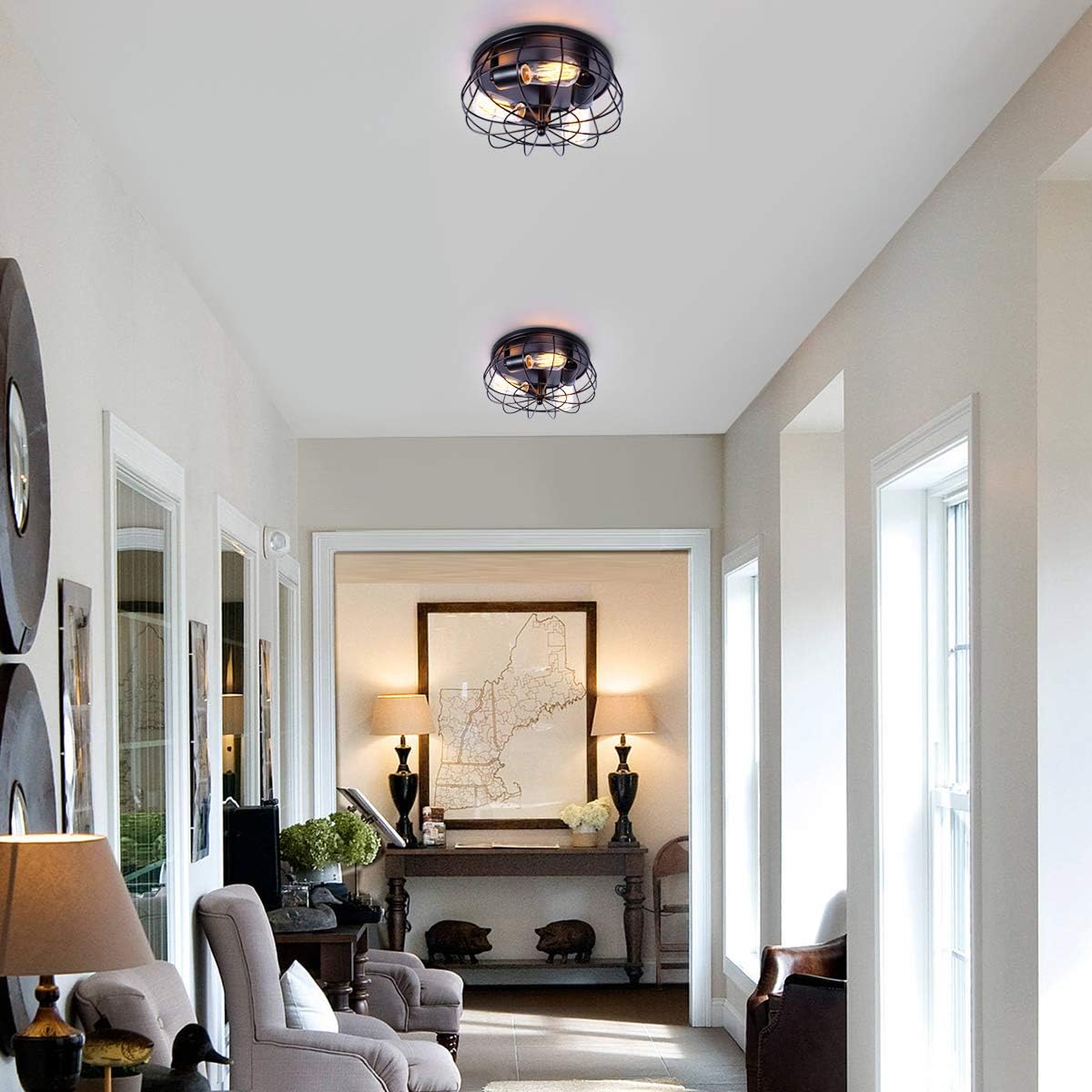 Best Quality 🔥 VILUXY Industrial 3-Light Rustic Semi Flush Mount Ceiling Light, with Metal Cage for Kitchen, Living Room, Dining Room, Bedroom, Hallway, Stairway