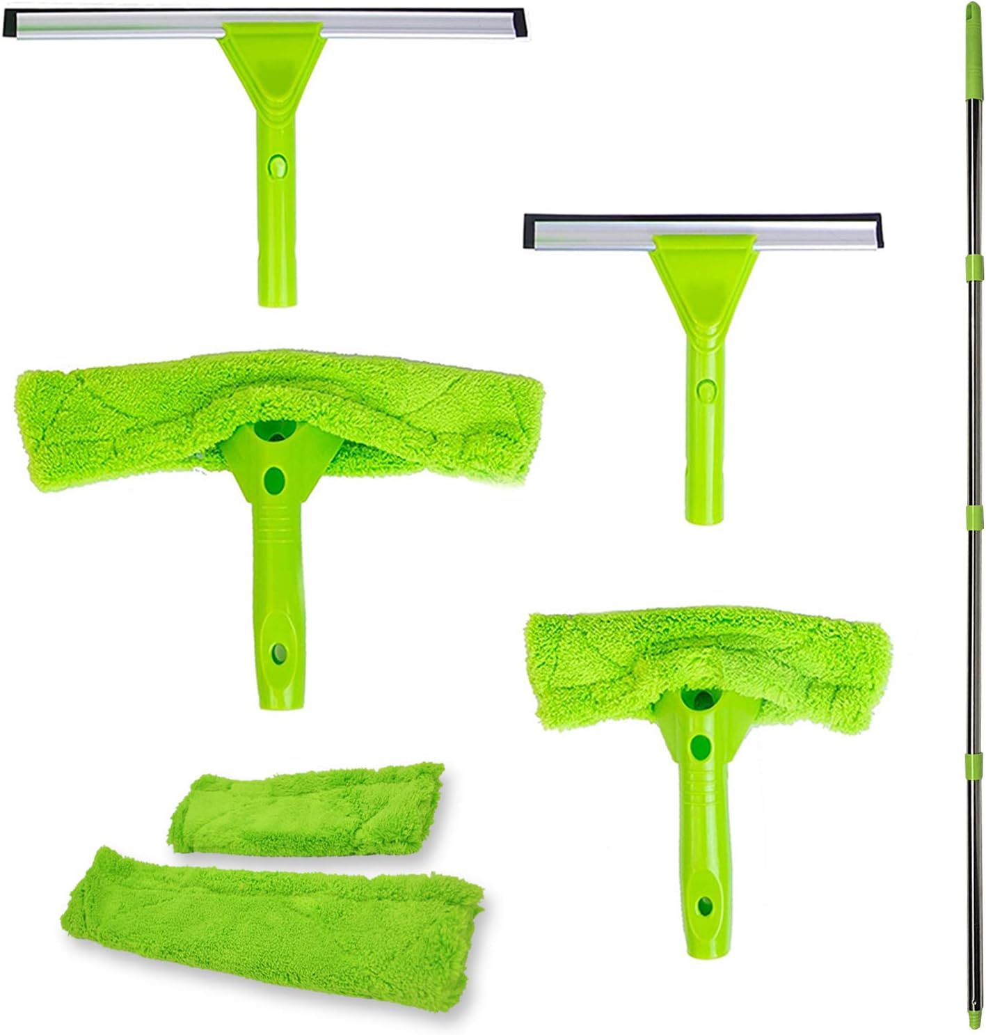 NeverEnding Reach Squeegee Window Cleaner Kit | Shower Squeegee, High Window Cleaning Tools, Car Windshield Tool and Doors - Indoor / Outdoor Washing Equipment with Extension Pole and 4 Washer Heads