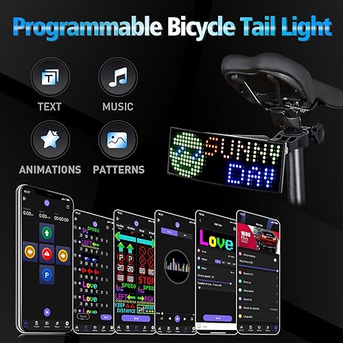 Miniatura 2 de GOTUS Luz trasera LED programable para bicicleta, luz trasera para bicicleta, con velocímetro y aplicación, texto personalizado, patrones, pantalla