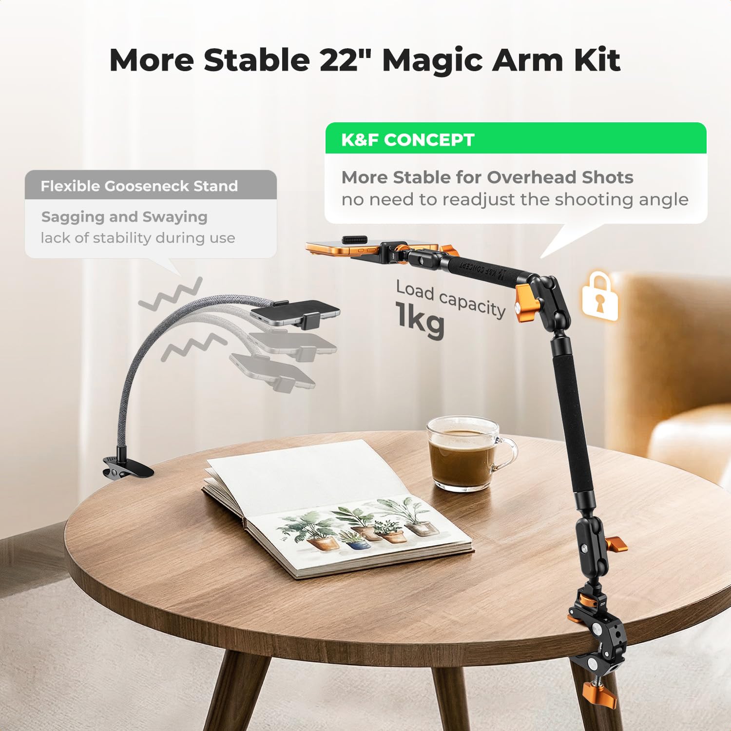 K&F CONCEPT 22" Magic Arm z zaciskiem, specjalnie zaprojektowany do kamer stacjonarnych, monitorów, mikrofonów i telefonów komórkowych z podwójną głowicą kulową; ramię obrotowe kompatybilne z iPhone'e