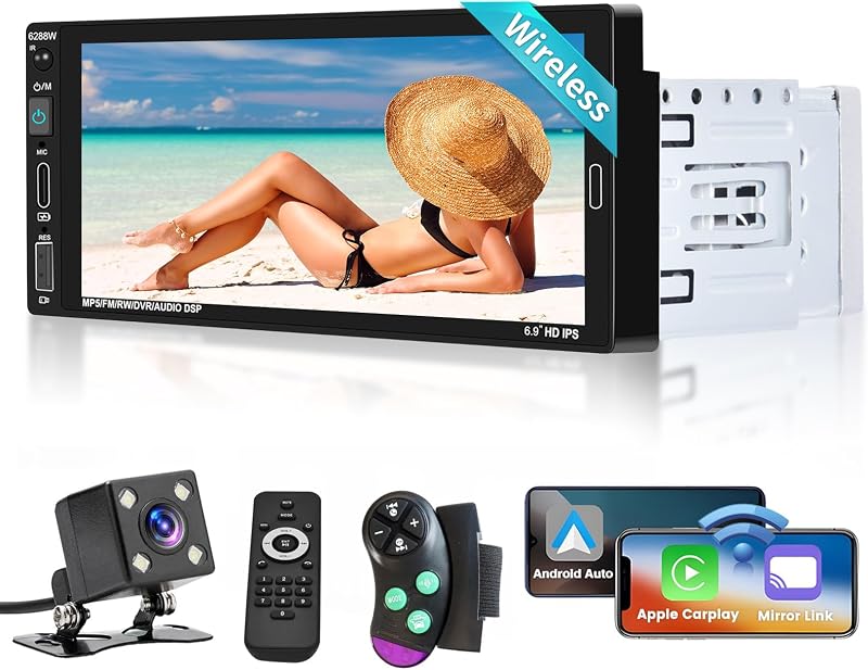 Hikity 1 Din Autórádió 6.9" Érintőképernyő Wireless CarPlay Android Bluetooth