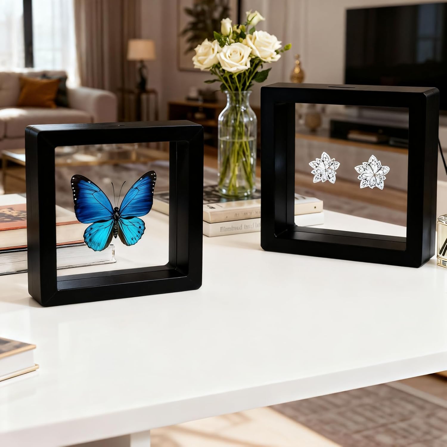 80 Pcs 3D Floating Frame Display Case, Challenge Coin Display Holder Stands, Clear PE Film Jewelry Shadow Box for Pins, AA Medallion, Military Medal, Shells, Rocks, Fossils, 2.8x2.8x0.8 Inch, Black.