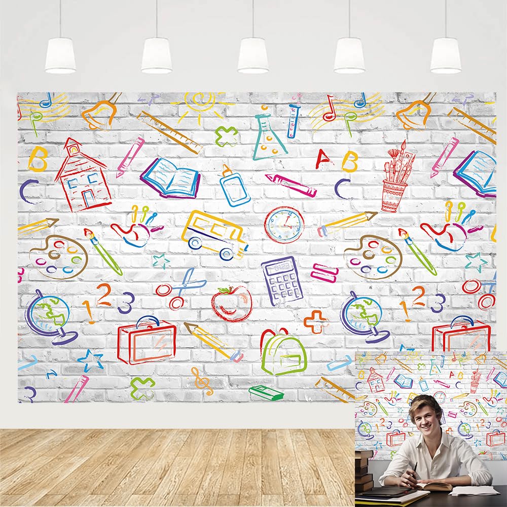 Back to School Backdrop Hand Painted Pencils Books White Brick Wall Photography Background First Day of School Banner Online Teaching Party