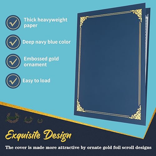 Miniatura 3 de Paquete de 10 soportes para certificados, cubiertas de certificado azul marino, soportes para diploma, carpetas de certificados con borde de lámina