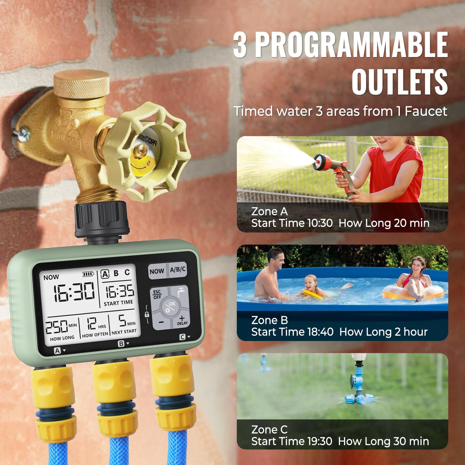 Johgee Programmateur Arrosage 3 Voies Automatique Minuteur Irrigation Programmable avec Délai de Pluie pour Jardin Pelouse