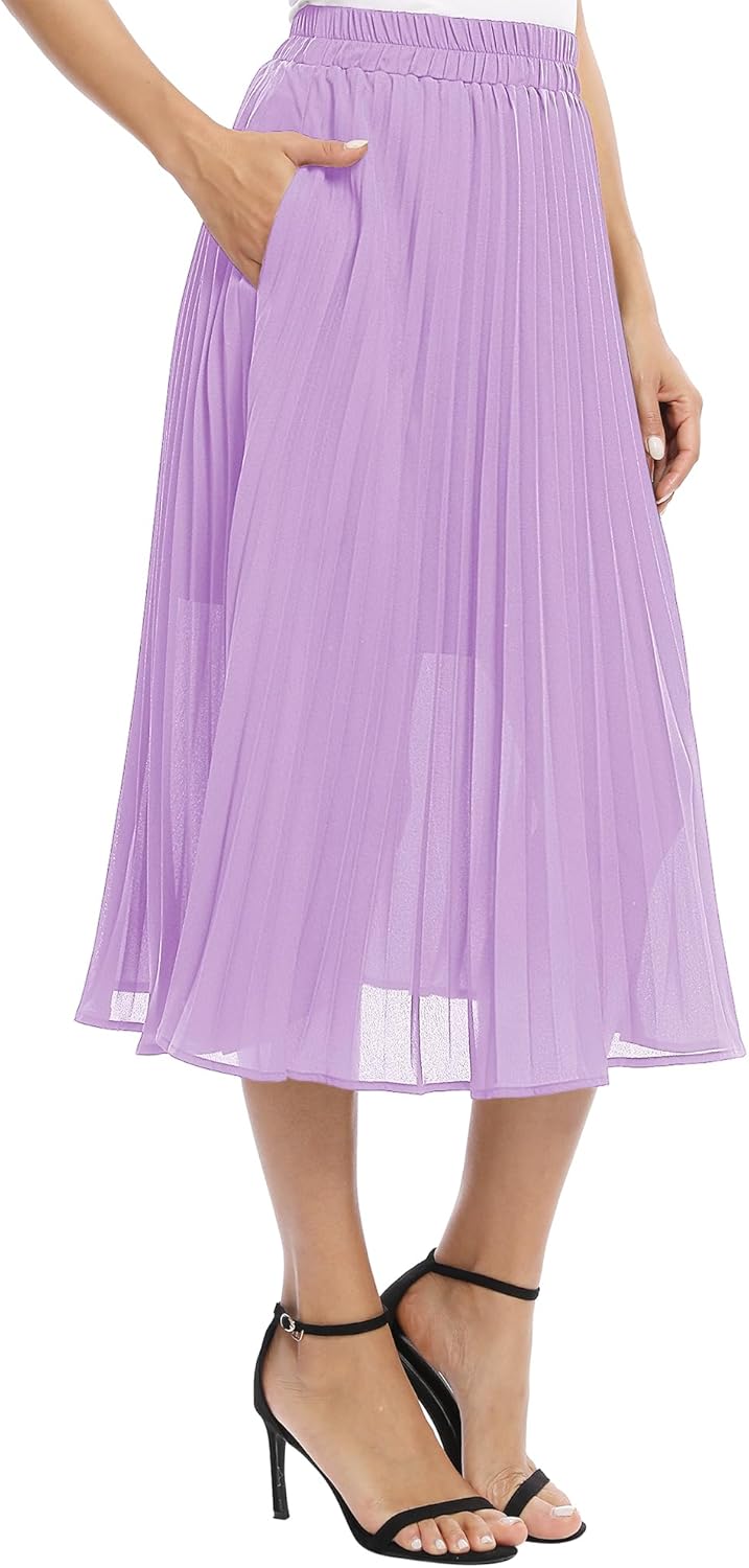 EXCHIC Women's Casual Chiffon Elastic Waist A-Line Pleated Midi Skirt with Pockets - Image 4