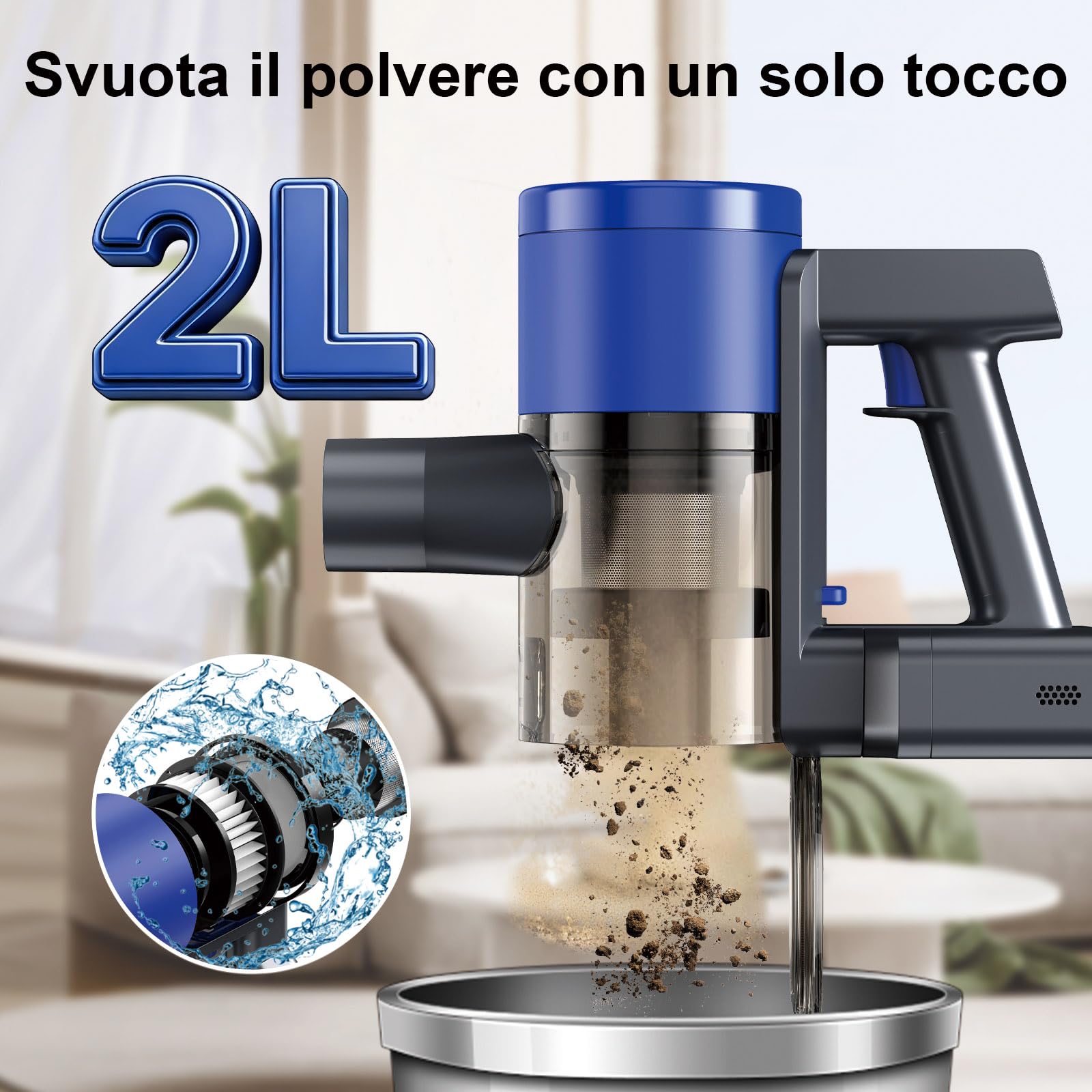 Aspirapolvere Senza Fili Potente 650W/58KPA/60Mins, Scopa Elettrica Senza Fili Anti-Groviglio LED Peli Animali, 2,3kg Ultraleggero, 2L Senza Sacco, Filtro HEPA,Pavimenti Duri e Tappeti (BLUE)