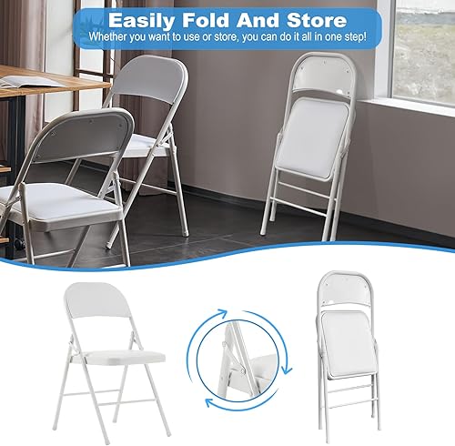 Miniatura 7 de Paquete de 4 sillas plegables blancas con cojín acolchado y respaldo, sillas plegables acolchadas con marco de acero, asiento comercial apilable