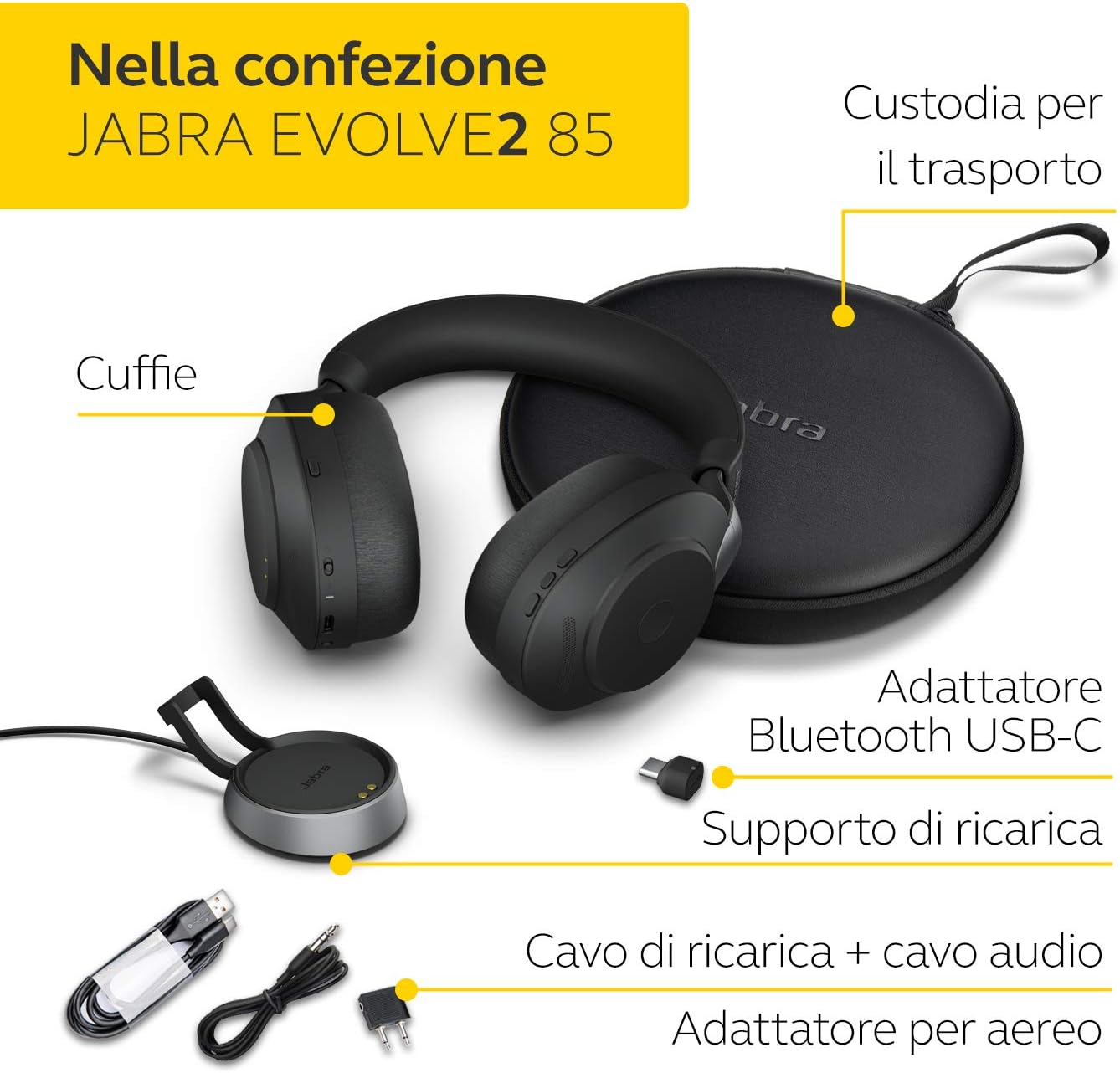 Nero Adattatore Bluetooth USB-A Cuffie certificate Microsoft Teams con  batteria a lunga durata Jabra Evolve2 85 PC Cuffie wireless con supporto di  ricarica lencicol Accessori per audio e video Informatica