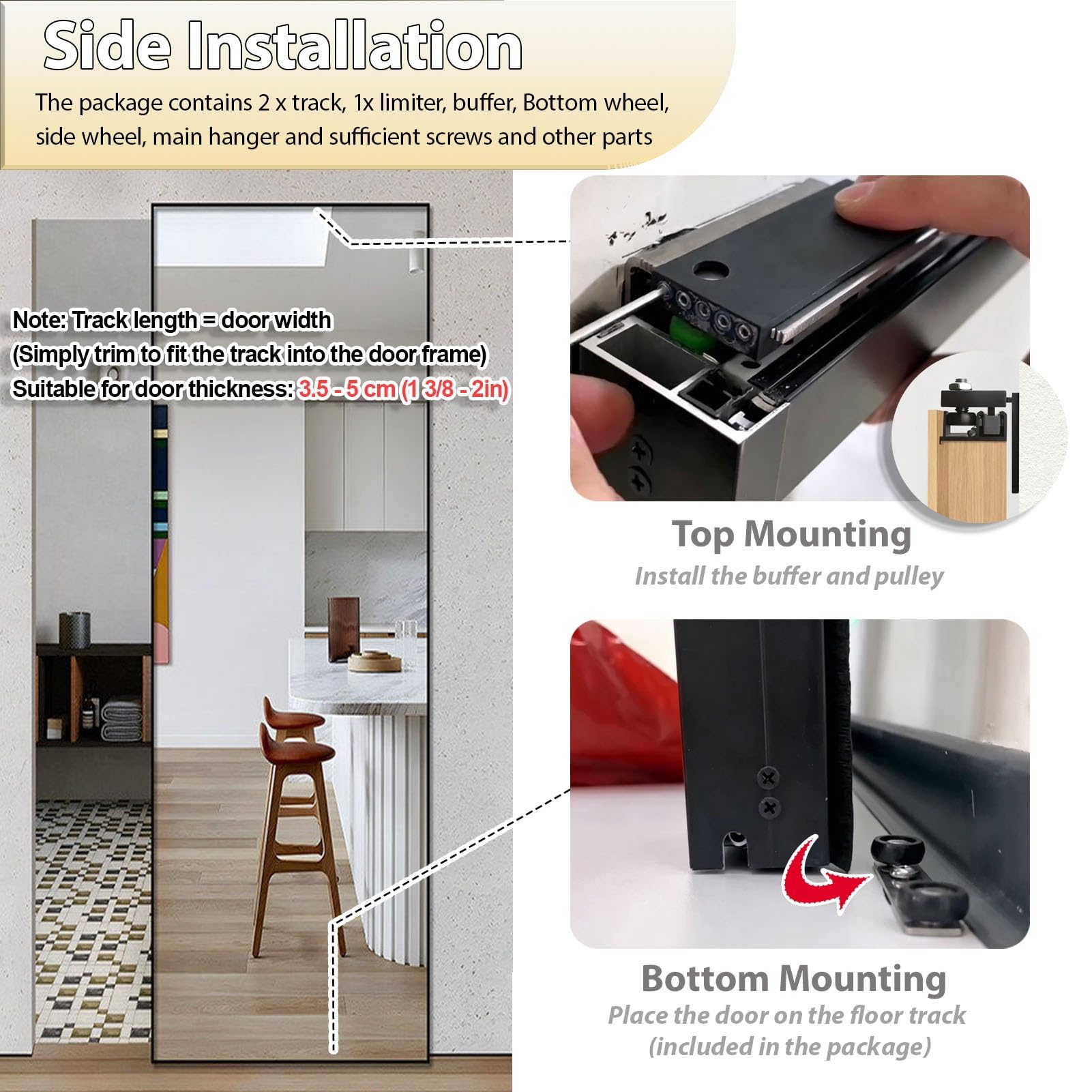 Kit Puerta Corredera Riel Invisible de Alta Resistencia para Puertas con Espejo, Kit de Herrajes Invisibles con Ruedas para Puertas Correderas, Guías de Cierre Suave(0.8m/2.6 ft)