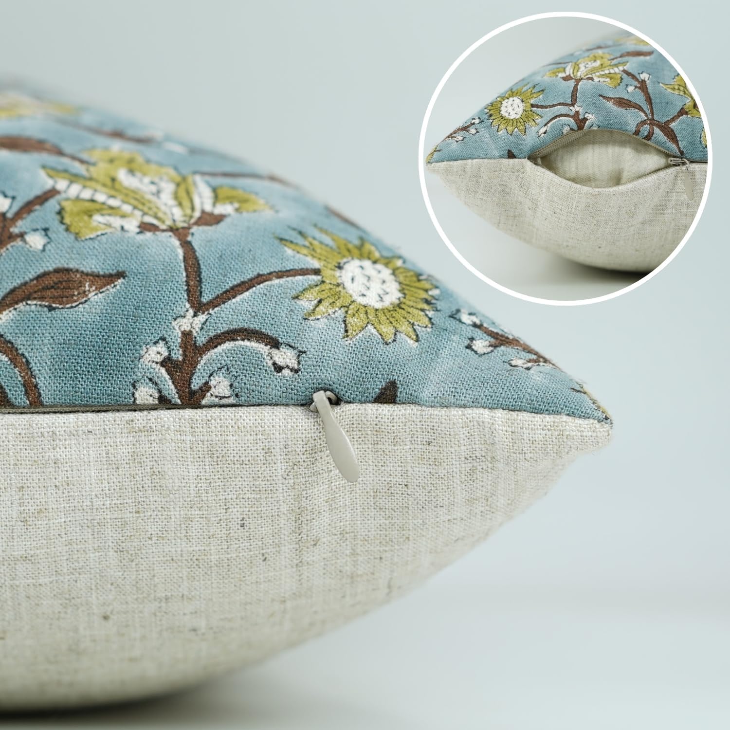 Handmade Block Print Decorative 18X18 Inches Throw Pillowcase Cushion Cover with Hidden Zipper for Sofa, Couch, Farmhouse, Christmas, Fall Decoration, Naayab, Blue
