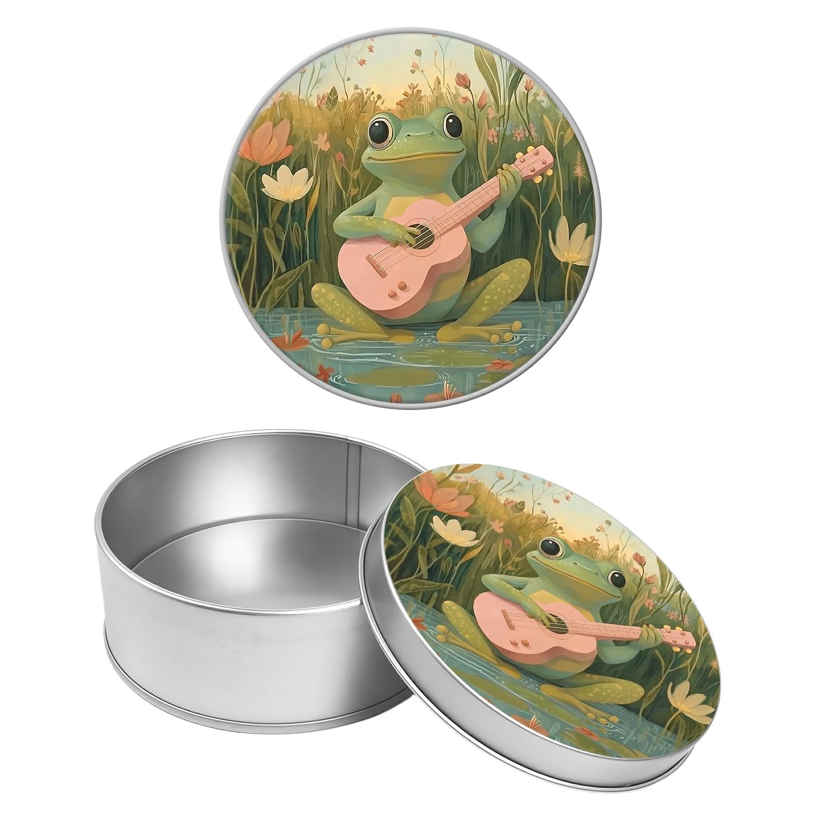 Round Metal Tin Container with Removable Lid, Frog Guitar Durable Metal Storage Box for Crafts Snacks Candies Office Supplies Small Items 3.54 x 1.38 inch– Single Pack
