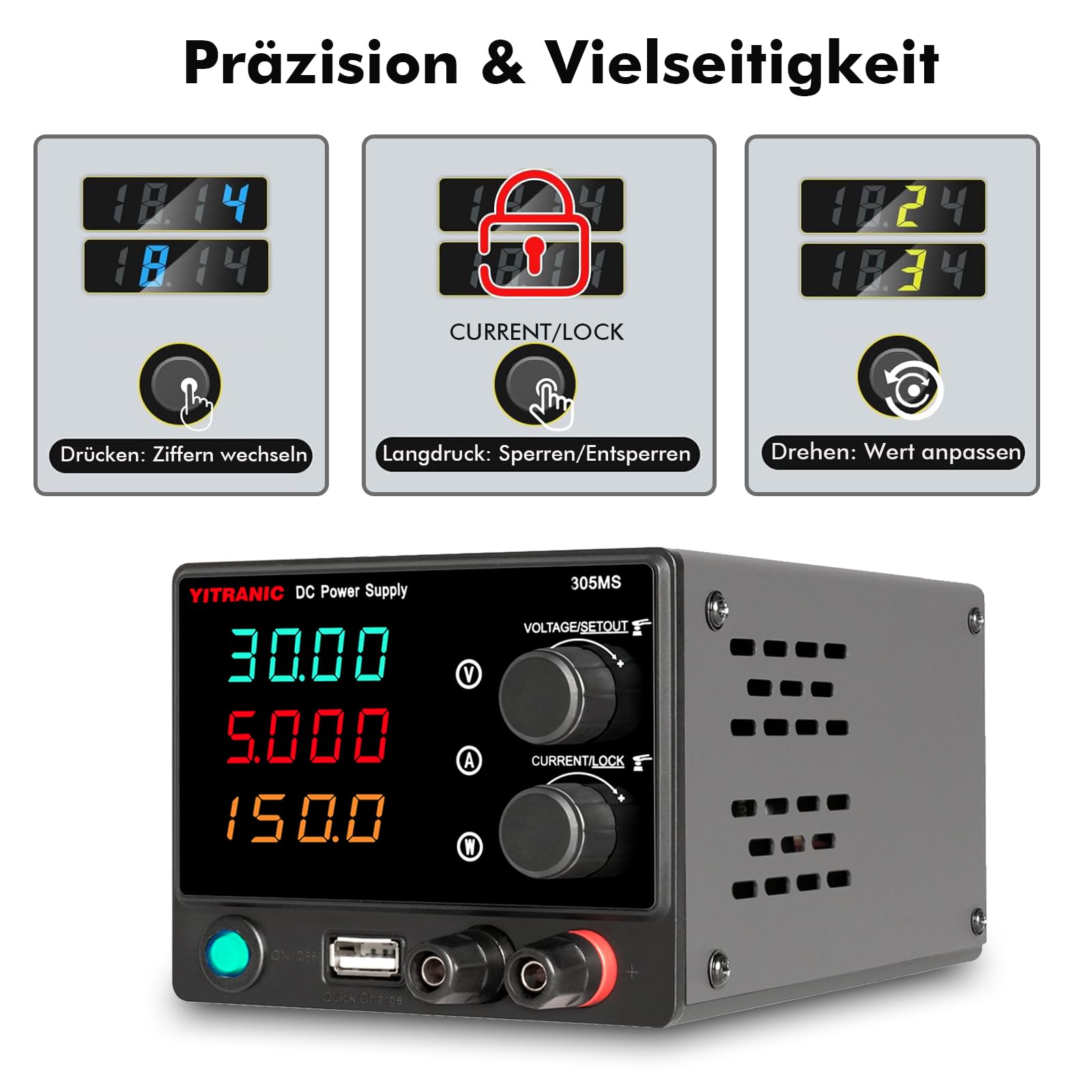Labornetzteil DC, 0-30V 0-5A Regelbar, 4-stelliger LED-Anzeige Labornetzgerät mit QC18W USB Schnellladung, für Elektronik, Labor, Reparatur