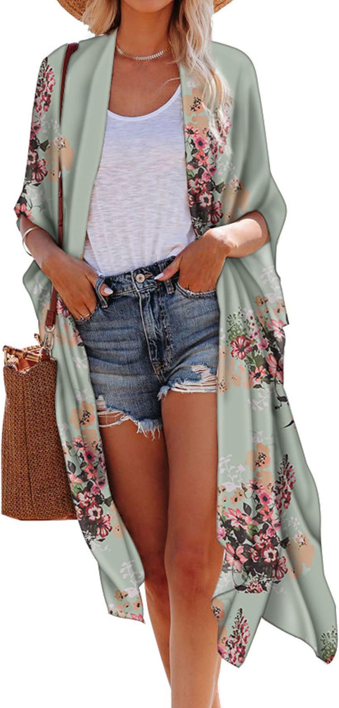 HiblucoWomen's Fashion Chiffon Floral Kimono Cardigan Long Swimwear Cover Ups