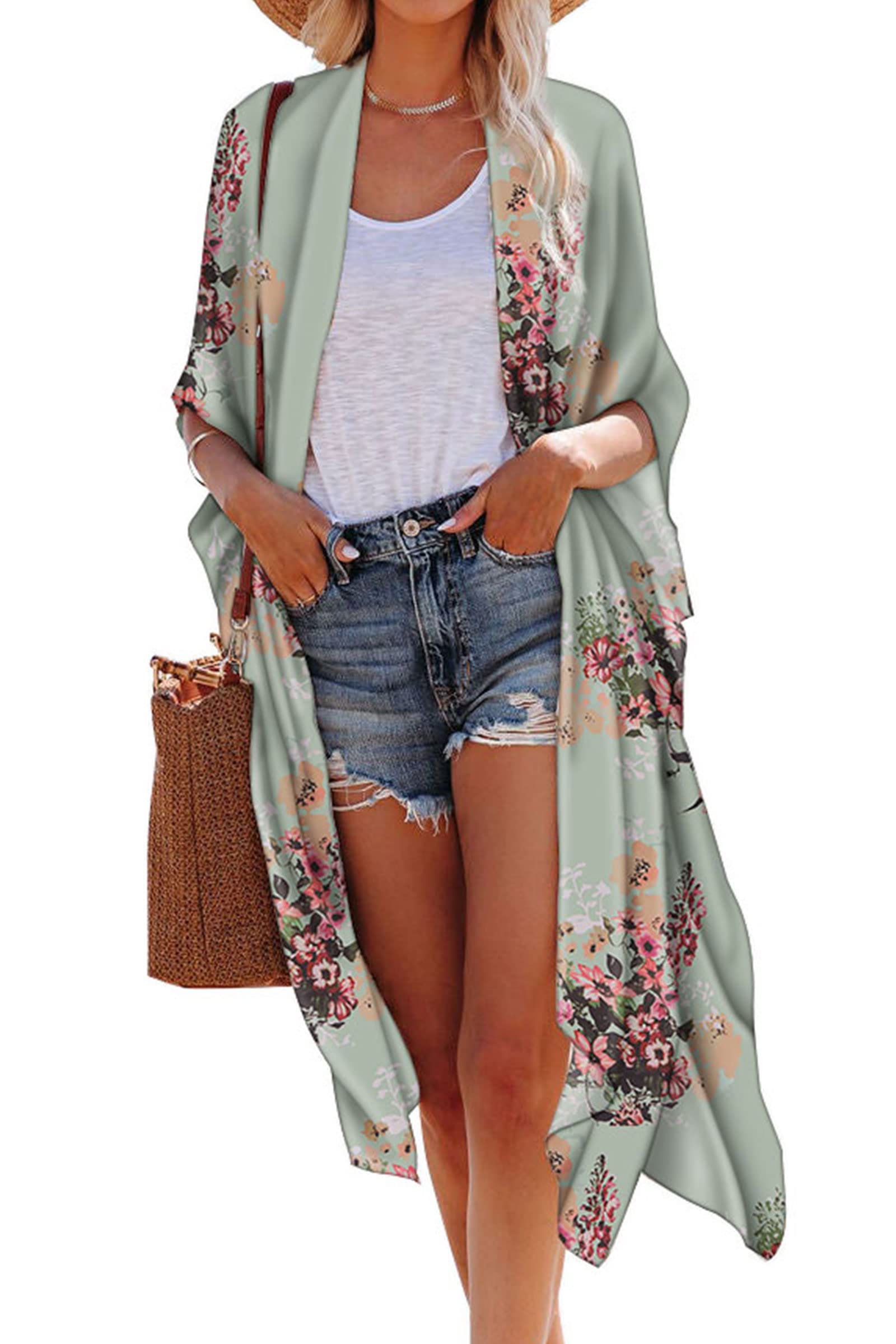 HiblucoWomen's Fashion Chiffon Floral Kimono Cardigan Long Swimwear Cover Ups