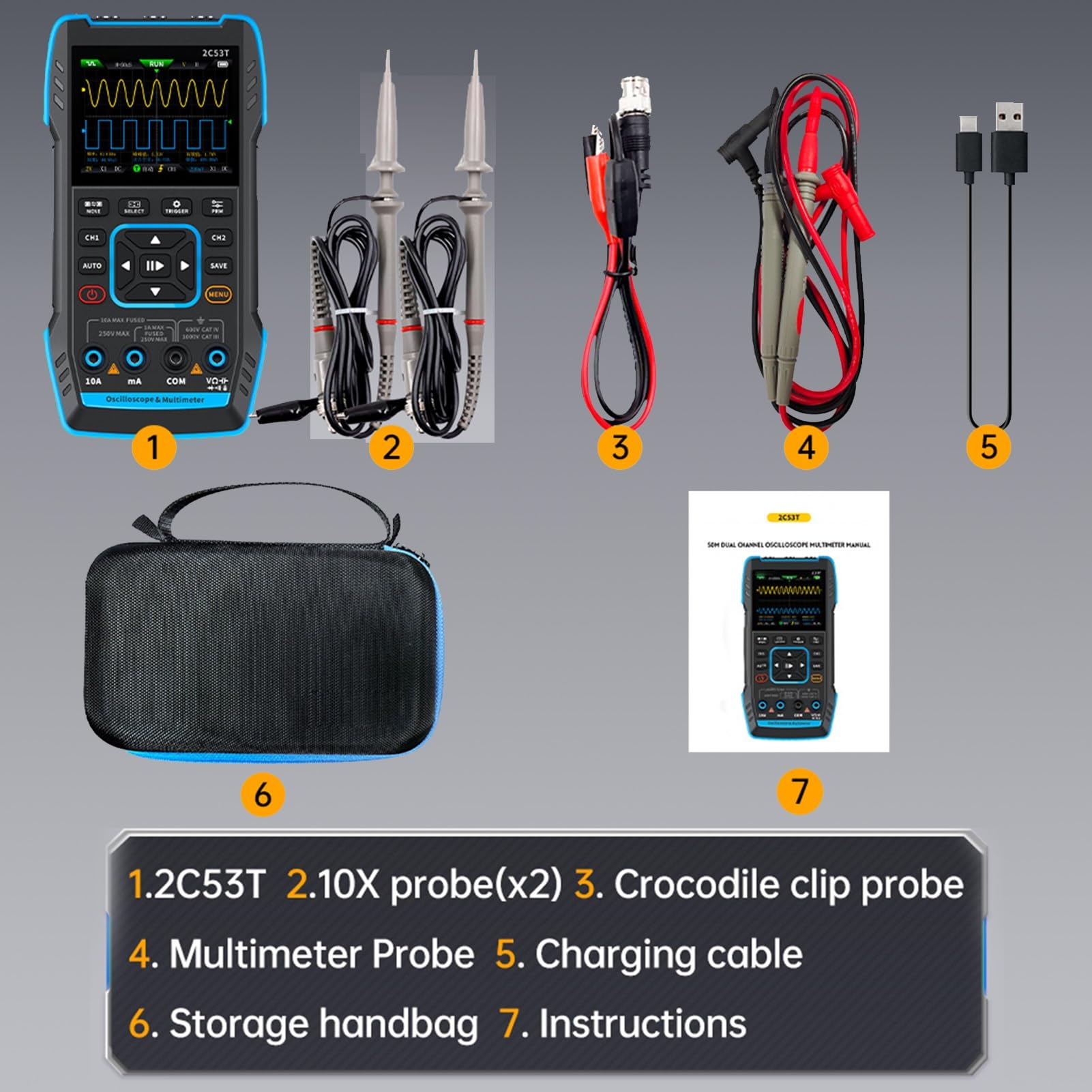 Jadeshay Oscilloscopio Digitale Oscilloscopio Portatile 2C53T Generatore di Segnale Portatile a 2 Canali con Larghezza di Banda 2×50 MHz Frequenza di campionamento 250MSa/s Esportazione Dati