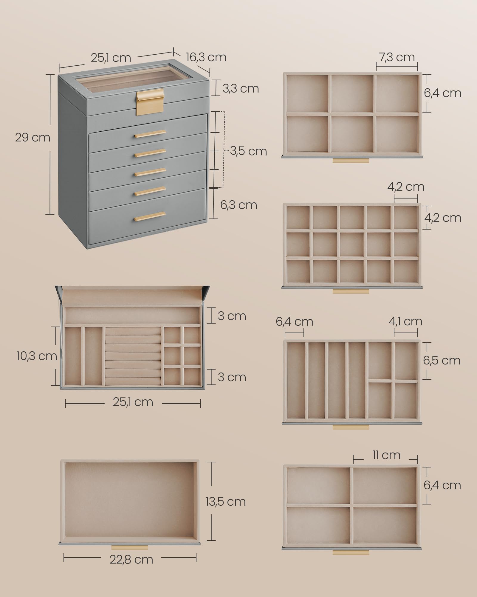 SONGMICS Scatola Portagioie, 6 Livelli, Coperchio in Vetro, 5 Cassetti, Porta Gioielli, Occhiali da Sole e Accessori Grandi, Moderno, Grigio Tortora e Dorato JBC171G01