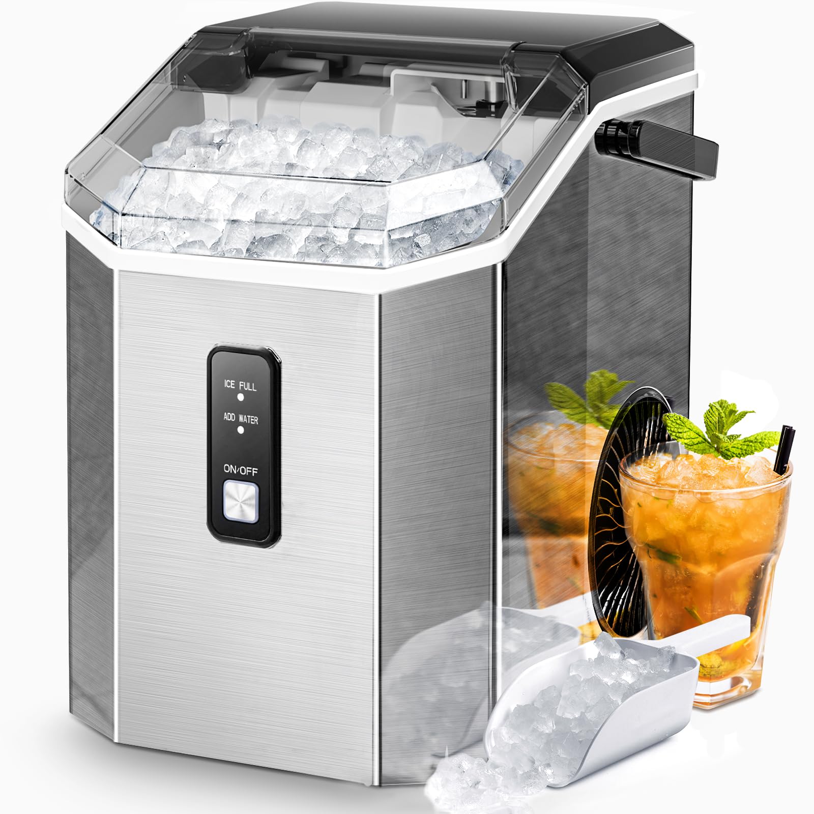 AGLUCKY Nugget Ice Maker - Máquina portátil para hacer hielo triturado de encimera con asa, 16 kg, funcionamiento con un solo clic las 24 horas, máquina de hielo autolimpiante para el hogar, la cocina y la oficina, de acero inoxidable